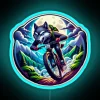 Neon sign featuring a wolf riding a motorcycle under a blue neon glow.
