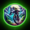 Wolf riding a motorcycle under a neon green sign at night.