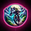 Neon-lit wolf on a motorcycle with pink accents.