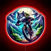 Wolf riding a neon-lit motorcycle under a vibrant red sign
