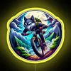 Wolf riding a motorcycle in front of a neon sign at sunset.