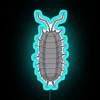 Colorful, glowing neon sign featuring an armored insect resembling a woodlouse or armadillo bug.