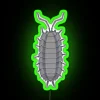 Colorful bug neon sign featuring a woodlouse or armadillo insect design in green.