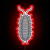 Woodlouse or armadillo bug with neon RGB colors on a red background sign.