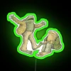 Neon green sign with colorful, swirly pattern.