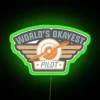 Neon sign with glowing green letters reading 'World's Okayest Pilot'