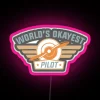 Neon-lit sign reading "World's Okayest Pilot" in a vintage, distressed style with pink accents.