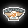 Neon sign with bold, colorful lettering reading 'World's Okayest Pilot'