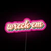 A neon sign reading "Wreck Em" in pink letters, with RGB colors.