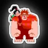Retro arcade game character Wreck-It Ralph stands in front of a colorful neon sign with vibrant RGB lights, evoking nostal...