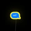 Neon RGB sign with yellow lights in a cityscape or nightclub setting.