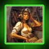 WWII radio operator working in a hanger with neon signs in the background, illuminated by green light.