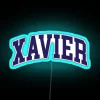 Neon sign with curved font featuring Xavier College logo in blue color scheme.