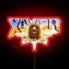 Neon sign reading Xavier Renegade Angel in bold, colorful letters against a dark background.