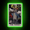 Neon sign featuring the Tower tarot card with green accents in a digital format.