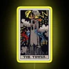 The X of Cups Reversed Tarot Card with a neon sign reading 'XVI The Tower'