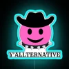 Neon sign with "Y'all" written in RGB colors, resembling a blue glow in an alternative aesthetic.