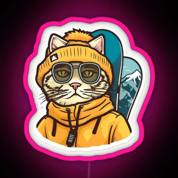 Yellow Snowboarding Cat RGB Neon Sign