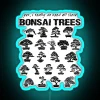 Brightly lit neon sign displaying a humorous message about excessive bonsai tree collection.