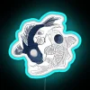 Neon blue yin yang symbol featuring koi fish in a colorful digital display.