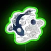 Neon sign with yin yang symbol surrounded by koi fish in vibrant green and blue hues.