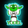 Neon sign with blue yodel logo in RGB color scheme.