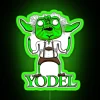Neon green yodel logo illuminated at night.