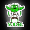Neon sign with colorful yodeling letters in white background.