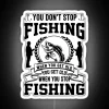 Neon sign with retro aesthetic, displaying inspirational phrase about continued passion for fishing despite age.