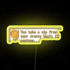 Neon sign with a cartoon-style illustration of a Vault 13 canteen being used to take a sip.