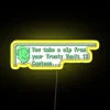 A neon sign featuring a Vault 13 canteen from Fallout, highlighting the theme of trusty hydration in post-apocalyptic envi...