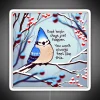 A bright blue jay with neon accents perched on a white background, symbolizing positivity and encouragement.
