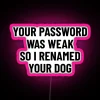 Cybersecurity alert sign with dog renamed due to weak password.