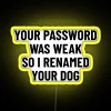 Warning sign with cybersecurity theme featuring a weak password and a dog's name changed to highlight online security risks