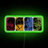 Neon green RGB sign with colorful design elements.