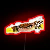 A young boy from Demon Slayer, Zenitsu Agatsuma, is featured in front of a vibrant neon sign.
