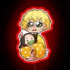 Zenitsu Agatsuma from Kimetsu no Yaiba crying in front of a vibrant RGB neon sign.