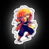 Zenitsu from Demon Slayer standing in front of a neon sign with a calm expression.