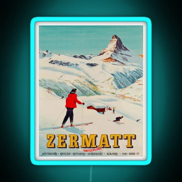 Zermatt Switzerland Vintage Ski Travel Poster RGB Neon Sign