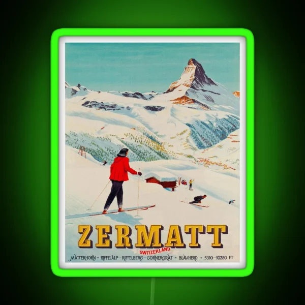 Zermatt Switzerland Vintage Ski Travel Poster RGB Neon Sign