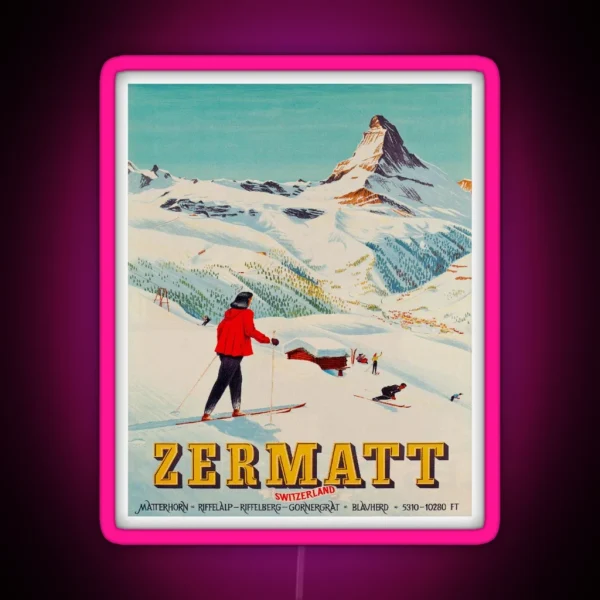 Zermatt Switzerland Vintage Ski Travel Poster RGB Neon Sign