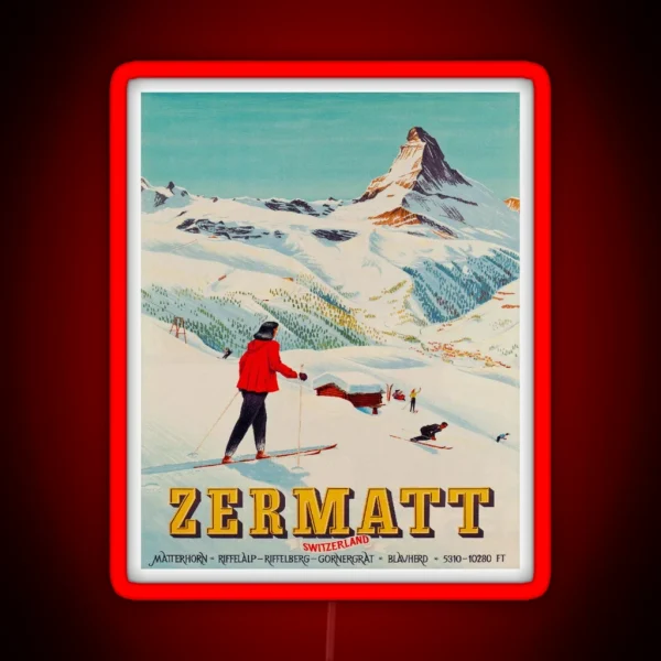 Zermatt Switzerland Vintage Ski Travel Poster RGB Neon Sign