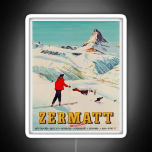 Zermatt Switzerland Vintage Ski Travel Poster RGB Neon Sign