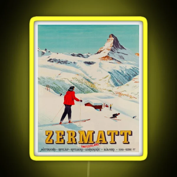 Zermatt Switzerland Vintage Ski Travel Poster RGB Neon Sign