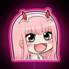 Neon pink chibi character standing in front of a bright, RGB-lit sign with the number 2.