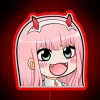 Neon Chibi sign with red and blue hues, digit zero-two displayed prominently.