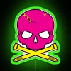 Zip tie in bright pink, yellow, and green colors on a neon sign with a skull design.
