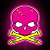 Neon pink and yellow zip tie skull sign on a black background.