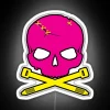 Neon pink and yellow zip tie decoration with skull design on a white background.