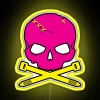 A zip tie wrapped around a skull with neon pink and yellow colors, resembling a warning sign.